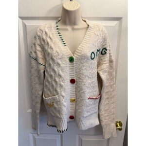 Anthropologie John + Jenn OMG Cabled cream Cardigan bright buttons/stitch XS